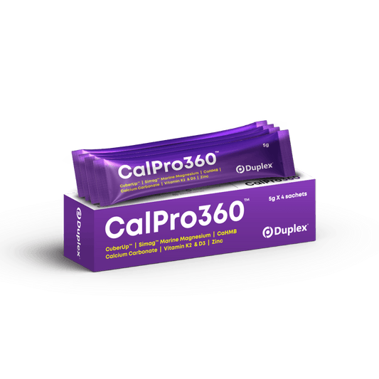 Duplex CalPro360 supplement box and sachet packaging on a transparent background.