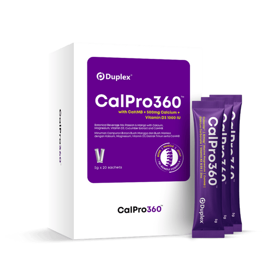 Duplex CalPro360 supplement box and purple sachets featuring CaHMB, calcium and vitamin D3 on a transparent background