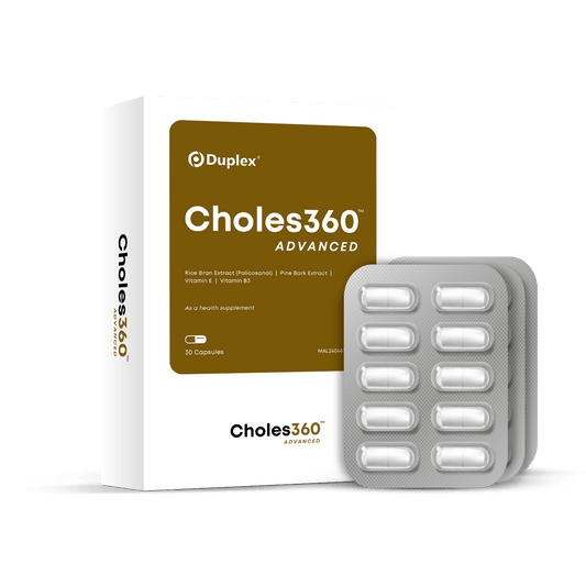 Duplex Choles360 Advanced supplement box with capsule blister packs on a transparent background