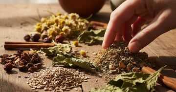 A hand sorting dried herbal liver supplement ingredients on a wooden table