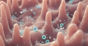 Microscopic view of calcium ions interacting with gut bacteria, illustrating the link between calcium supplements and gut microbiome health