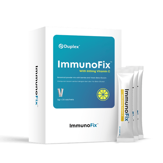 Duplex ImmunoFix supplement box and sachets with 500mg vitamin C on a transparent background