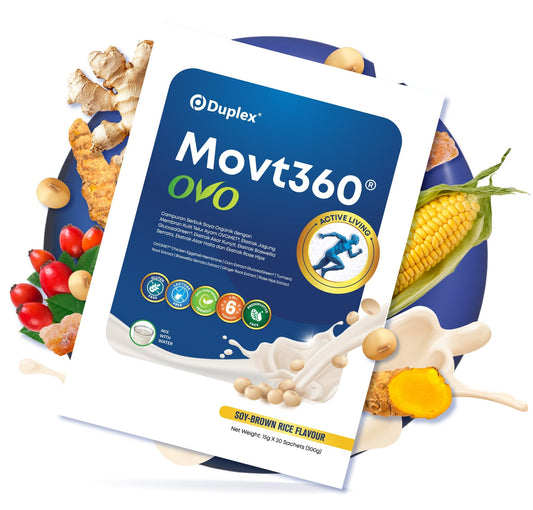 Duplex Movt360 OVO supplement pack in soy-brown rice flavour with natural ingredient visuals on a white background.