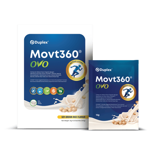 Duplex Movt360 OVO supplement pack and sachet in soy-brown rice flavour on a transparent background.