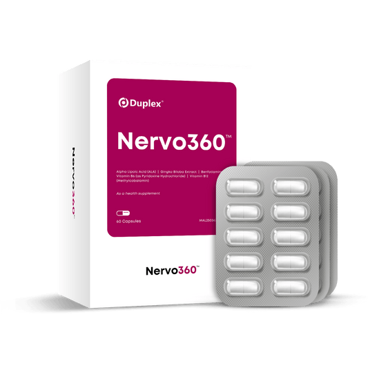 Duplex Nervo360 supplement box with capsule blister packs on a transparent background